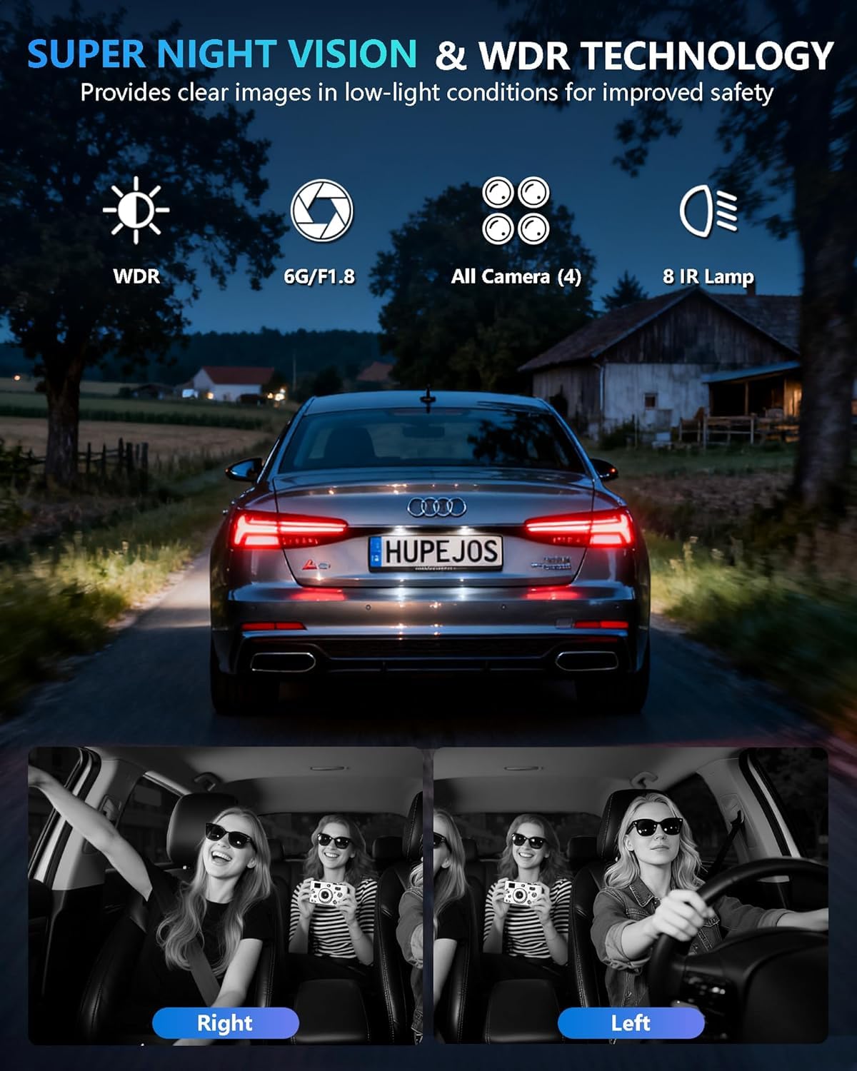 HUPEJOS AI Dash Cam Front Rear Inside with Driver Monitor System, 360° Car Camera 4K, 4 Channel Camera for Cars, WiFi GPS, Dashcam 64GB SD Card, Night Vision, 24H Parking Mode, Upgrade DMS V8Plus