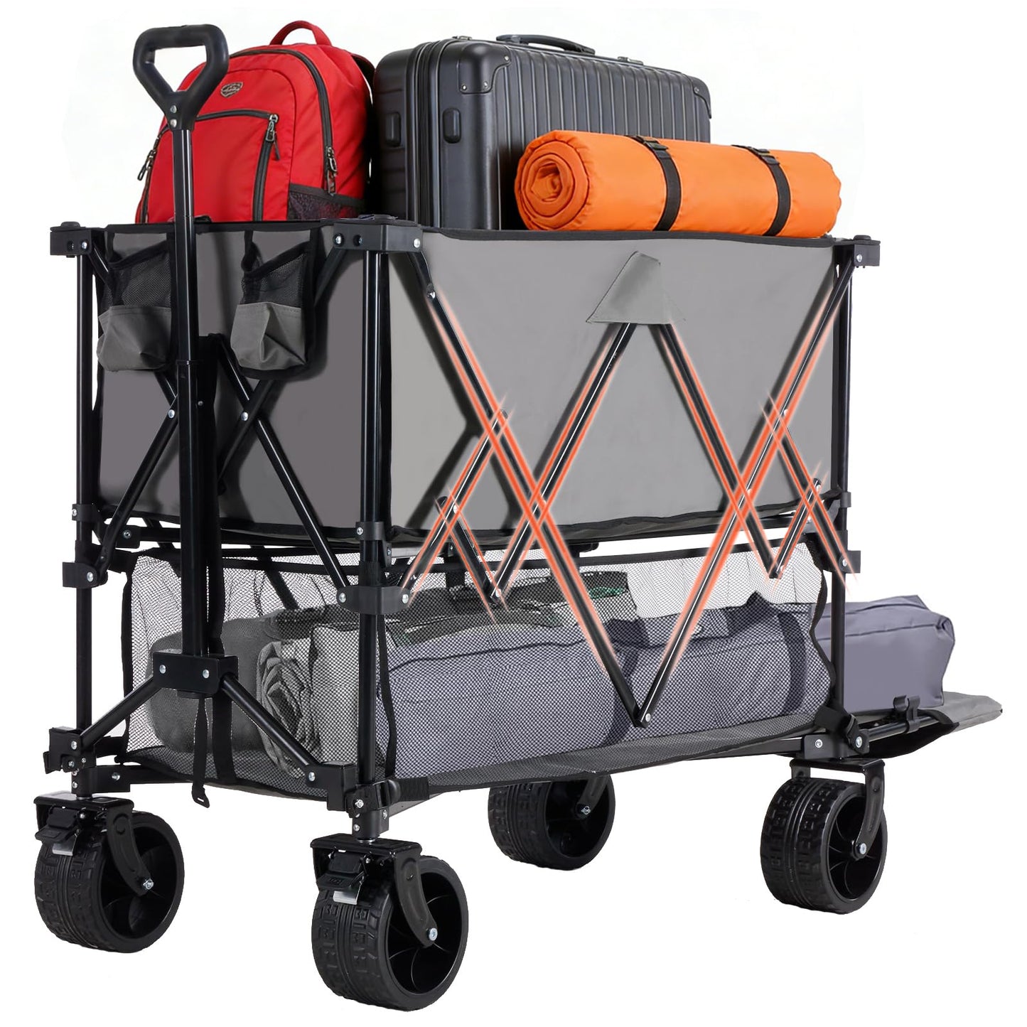 OLIXIS Wagon Cart Collapsible Double Decker 440 lbs Heavy Duty Wagon with All-Terrain Wheels & Adjustable Handle, Portable 400L Storage Utility Cart for Garden, Camping, Sports, Shopping, Grey
