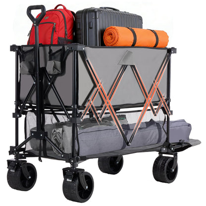 OLIXIS Wagon Cart Collapsible Double Decker 440 lbs Heavy Duty Wagon with All-Terrain Wheels & Adjustable Handle, Portable 400L Storage Utility Cart for Garden, Camping, Sports, Shopping, Grey