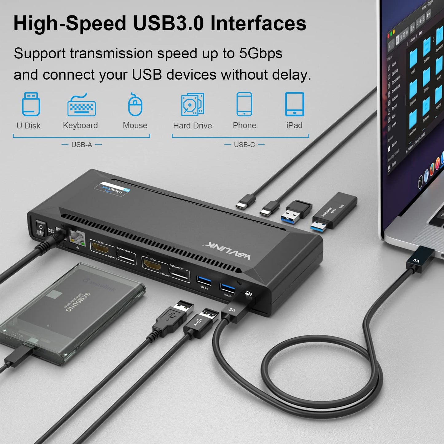 WAVLINK Universal USB C Laptop Docking Station Dual Monitors 5K/4K@60Hz with 65W Host Charging for Thunderbolt 4/3, USB-C Windows, Mac M1-M5/Macbook Neo, Chrome (2HDMI+2DP), 6USB 3.0, 1Gbps Ethernet