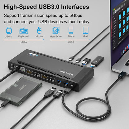 WAVLINK Universal USB C Laptop Docking Station Dual Monitors 5K/4K@60Hz with 65W Host Charging for Thunderbolt 4/3, USB-C Windows, Mac M1-M5/Macbook Neo, Chrome (2HDMI+2DP), 6USB 3.0, 1Gbps Ethernet
