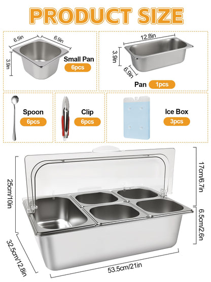 Kalolary Pizza Topping Storage Station, 7 Grids Stainless Steel Condiment Containers with Flip Lids Spoons Ice Box Food Tongs Ice Food Serving Display Container Salad Bar Buffet Station for Party