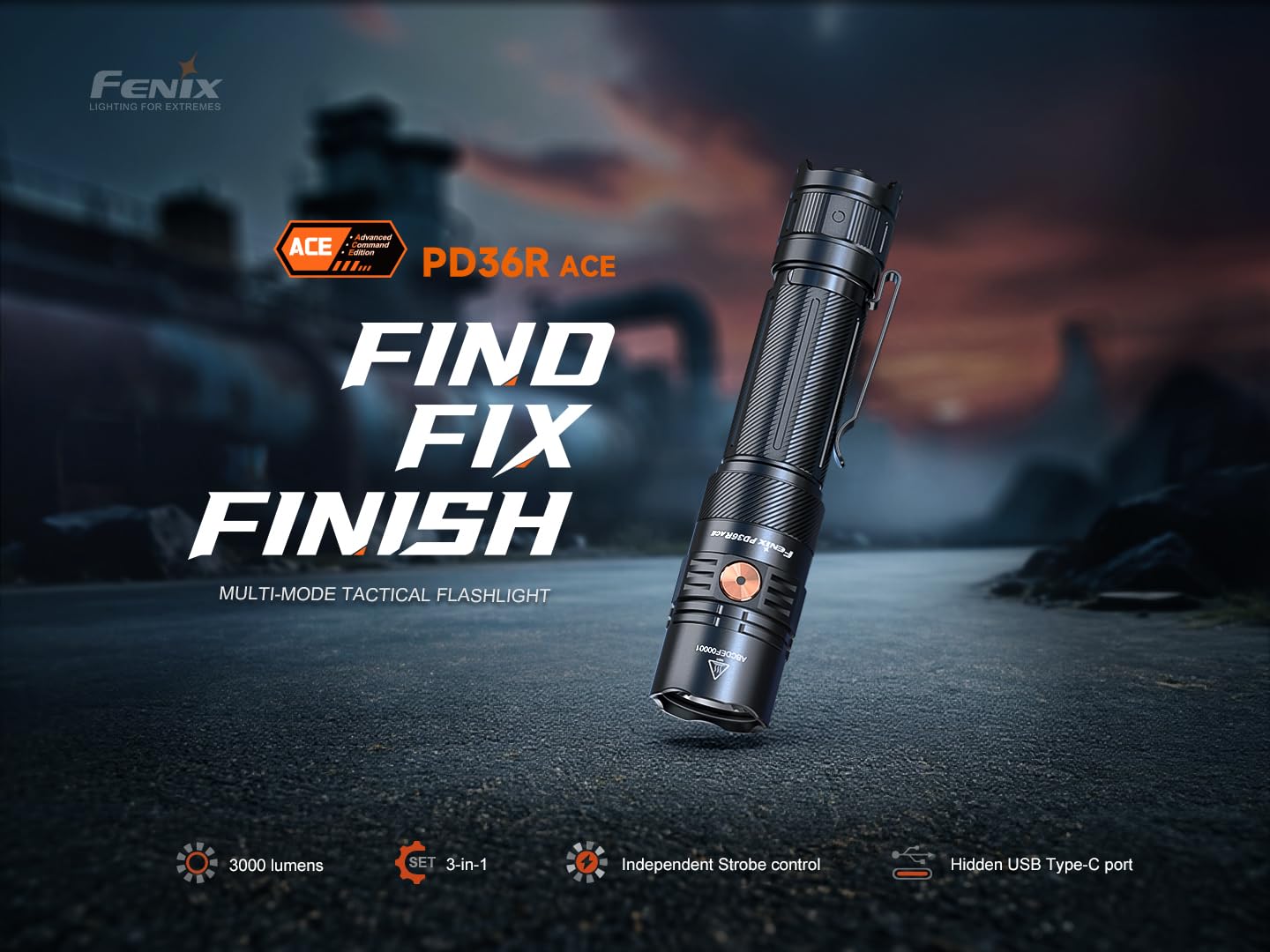 Fenix PD36R ACE 3000 Lumen Rechargeable Tactical Flashlight, USB-C Dual Switch, Set Customizable Brightness Levels, Strobe SOS Long Runtime Waterproof EDC Duty Light Camping Hunting Emergency