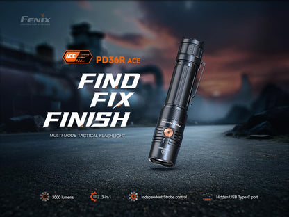 Fenix PD36R ACE 3000 Lumen Rechargeable Tactical Flashlight, USB-C Dual Switch, Set Customizable Brightness Levels, Strobe SOS Long Runtime Waterproof EDC Duty Light Camping Hunting Emergency