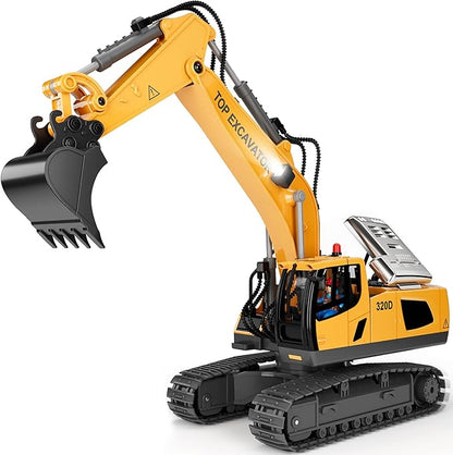 Remote Control Excavator Toy for Boys | 11-Channel Metal Construction Truck with Lights 2×1200mAh Batteries 120-Min Playtime | RC Excavator Toys for Kids Ages 3-12 STEM Gift for Birthday