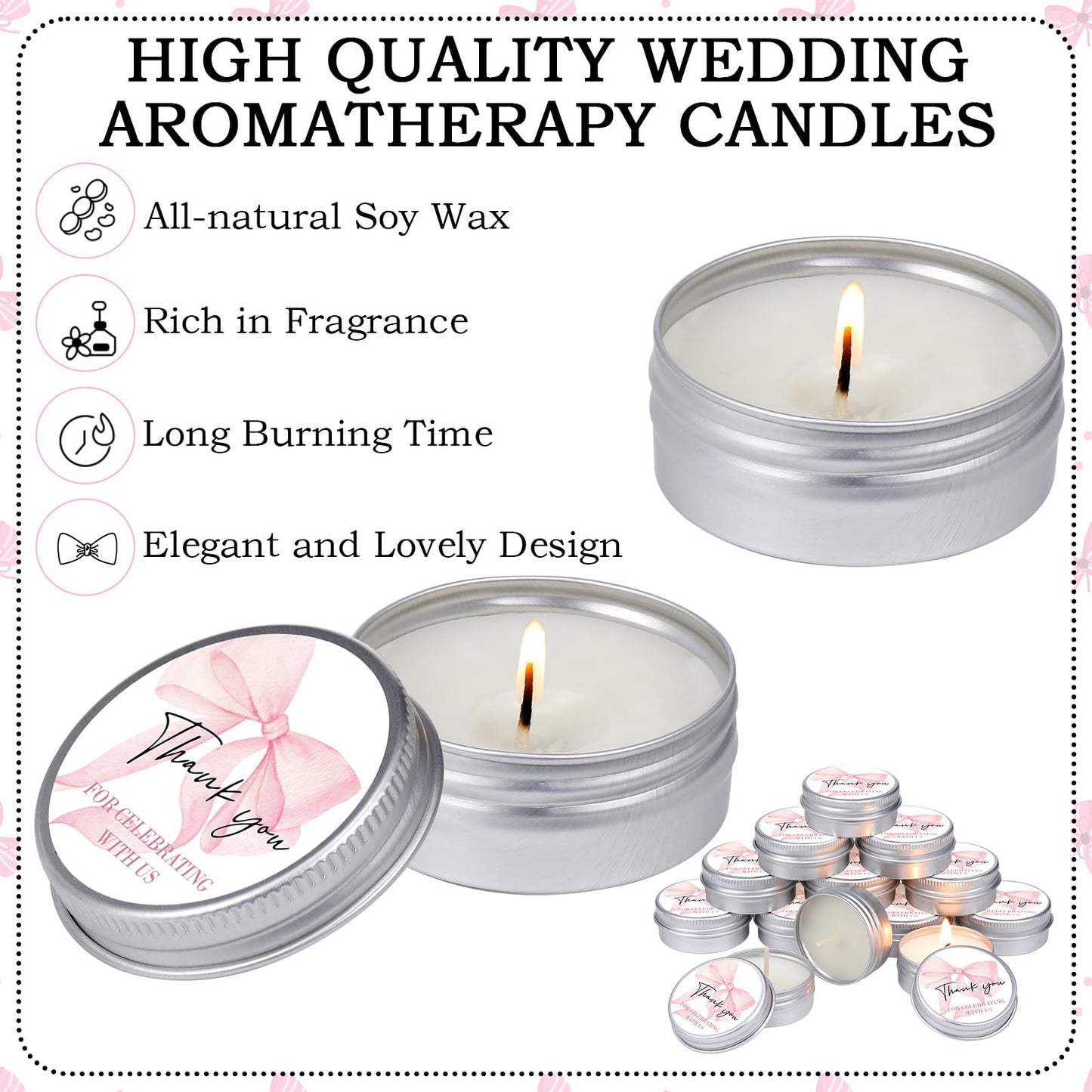 MTLEE 50 Pcs Bow Baby Shower Favors Scented Candles Gift Travel Tin Candle Aromatherapy Candle Favors for Baby Shower Wedding Gifts Compound Scent Essential Oil 1.57 x 0.67''