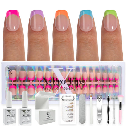 SXC Cosmetics French Tip Press On Nails - Skin Tone Nude and Color Series, Short Coffin X-Pro Tips Starter Kit ST119KIT