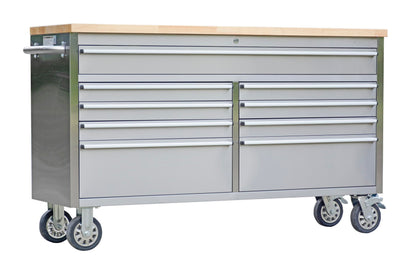 IDEALHOUSE 61 inch Rolling Tool Chest, Garage Workbench with 9 Drawers, Solid Rubber Wood Top & with Wheels Lock Key Locking, Mobile Workstation Tool Cabinet for Workshop Storage