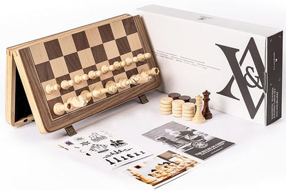 A&ampA 15 Magnetic Wooden Chess Set/Folding Board / 3 King Height German Knight Staunton Chess Pieces/Mahogany &amp Maple Inlaid /2 Extra Queen