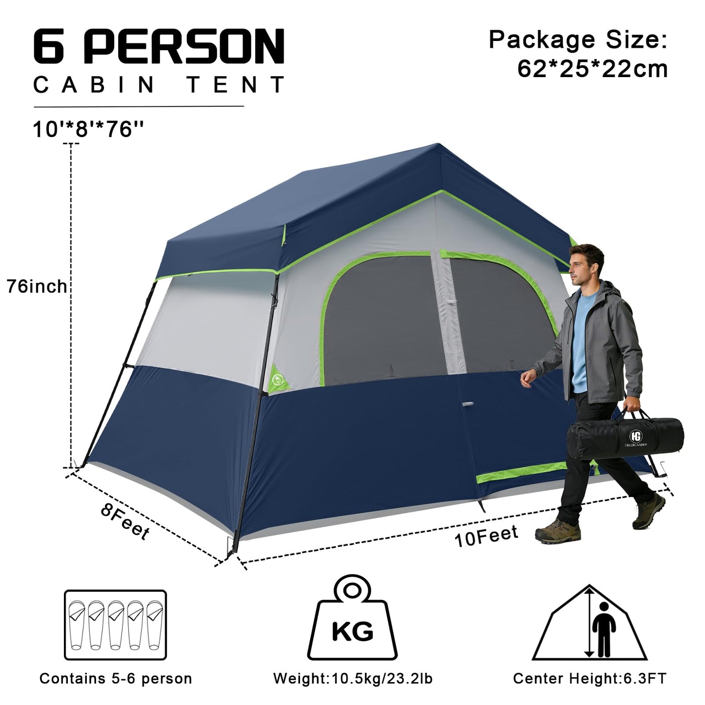 HG 6 Person Camping Tent - Portable Cabin Tent for Camp, Windproof Fabric Easy Set Up Family Tent Outdoor for Hiking, Backpacking, Traveling (Dark Blue)