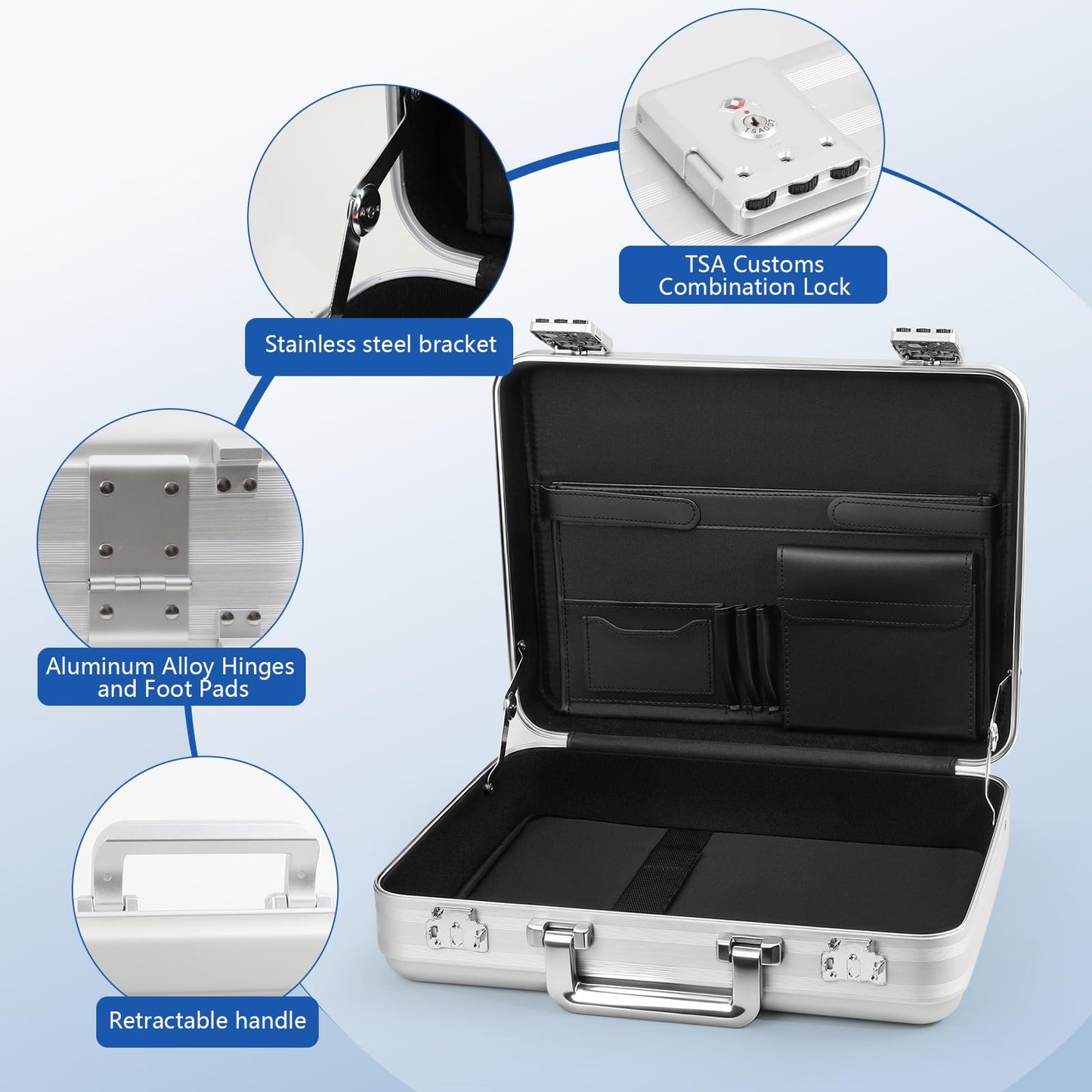 urecimy Professional Aluminum Hard Shell Briefcase, Silver, TSA Lock, 18.1x13.8x4.5 Inch, with Foam Interior, Telescopic Handle, for Business, Equipment, Tools