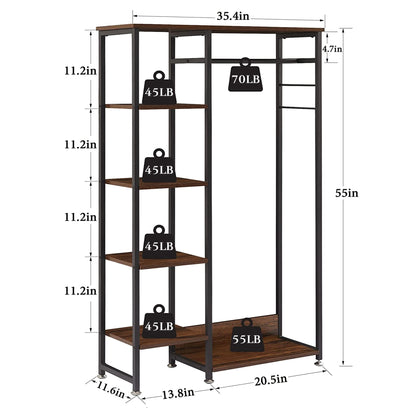 VECELO Open Garment Clothing Rack, Free-Standing Heavy Duty Storage Closet with 5 Shelves and Hanging Rod for Small Spaces, Max Load 350LBS, Brown