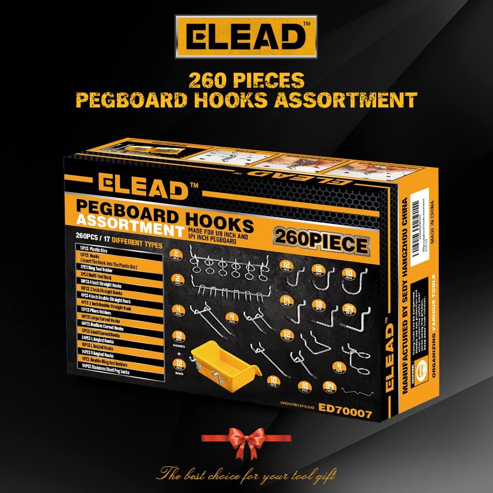 ELEAD 260 Piece Pegboard Hooks 1/8 and 1/4 inch peg Board Organizer Accessories with Pegboard Bins for Organizing Various Tools in The Garage Kitchen Bathroom Craft Room