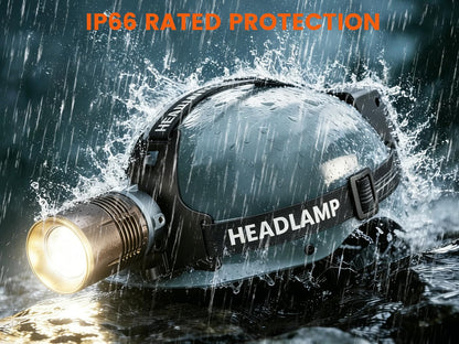 MAXME100 Super Bright Rechargeable Headlamp, Super Bright Zoomable/Spotlight Floodlight with 750m Beam Distance, Head Lamp for Search Rescue, Construction Work, Outdoor use