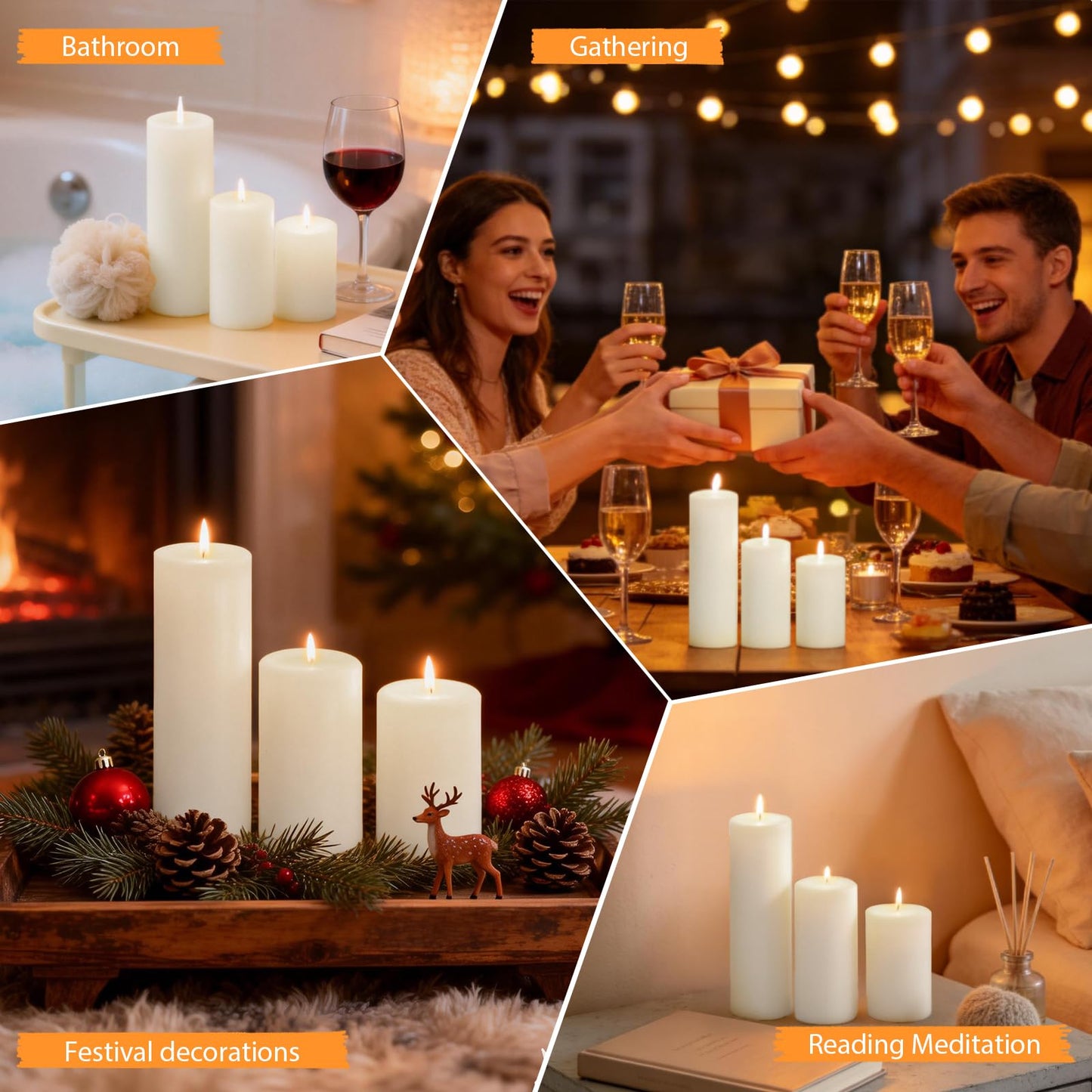 Trxvxo 6-Pack White Pillar Candles Bulk Set - Assorted 3 Sizes (3, 4, 6 Inch, 2 Each), Long-Lasting Dripless, Unscented & Smokeless Hurricane Candles for Wedding, Dinner Party & Romantic Atmosphere.