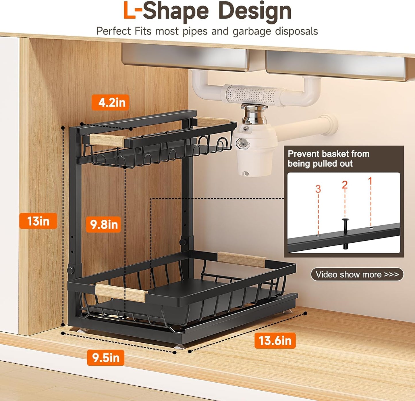 Sevenblue Under Sink Organizer - Height Adjustable 2-Tier Storage Shelf for Kitchen & Bathroom (Black, Large)