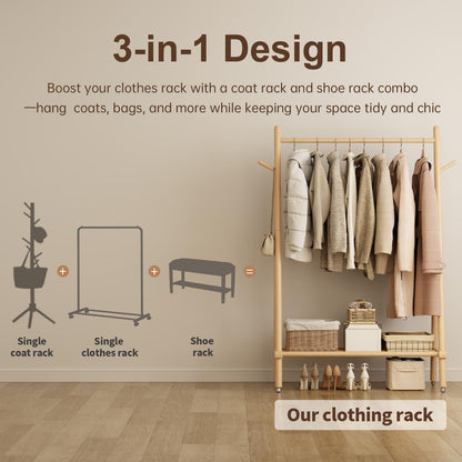 Muwuele Solid Wood Clothing Rack, Rolling Clothes Rack for Hanging Clothes, Garment Rack with Shelves Load 350 Lbs, Portable Closet Organizer on Wheels for Hanging Clothes (Natural)