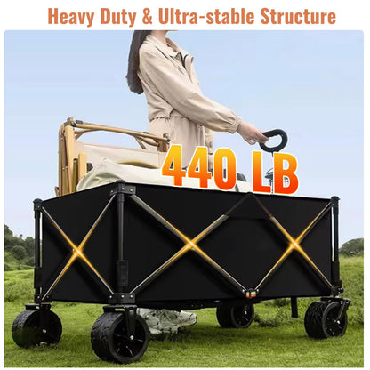 Heavy Duty Collapsible Folding Wagon with Table, 440LBS Capacity Utility Wagon Cart with All-Terrain Wheels, Foldable Beach Camping Wagon for Garden, Sports, Picnics Black