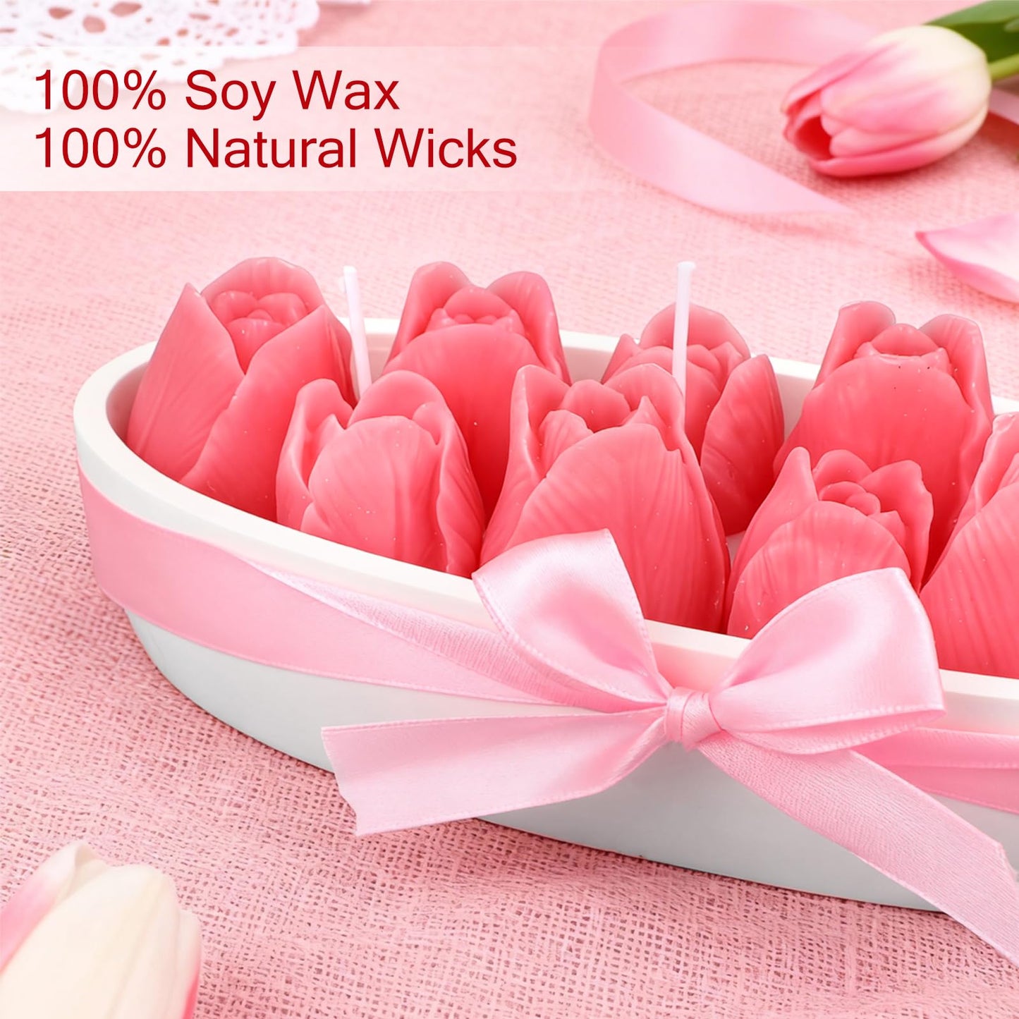 Treela Tulip Candle Gift for Women Teacher Appreciation Gifts 8.7inch Large Pink Tulips Dough Bowl Candle Table Centerpiece Flower Shaped Scented Aesthetic for Birthday Graduation Back to School