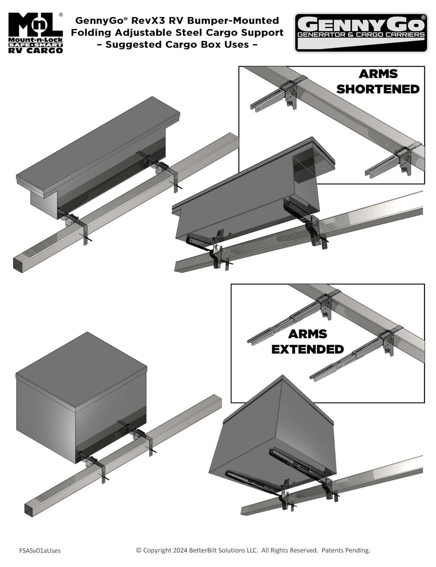 Mount-n-Lock RV Bumper Bundle (2 Items): 1 Set HD SafetyStruts, 1 Pair GennyGo Folding Arms (1SNUHD, 2FSAS)