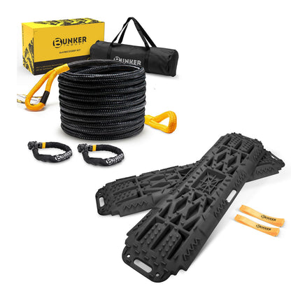 BUNKER INDUST Offroad Traction Boards with Jack Lift Base + 1"×30ft Kinetic Recovery Rope with 2 Soft Shackles Kit