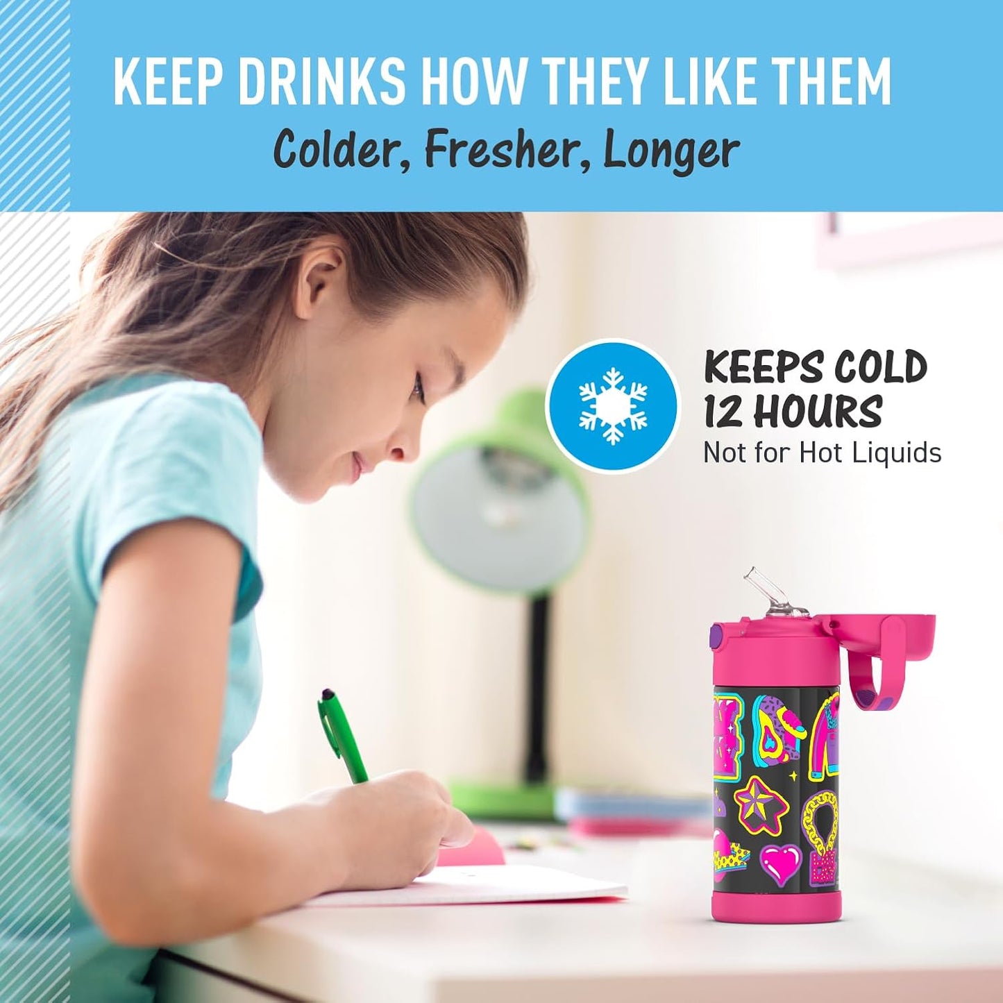 THERMOS FUNTAINER 12 Ounce Stainless Steel Kids Straw Bottle - Vacuum Insulated, Durable Design
