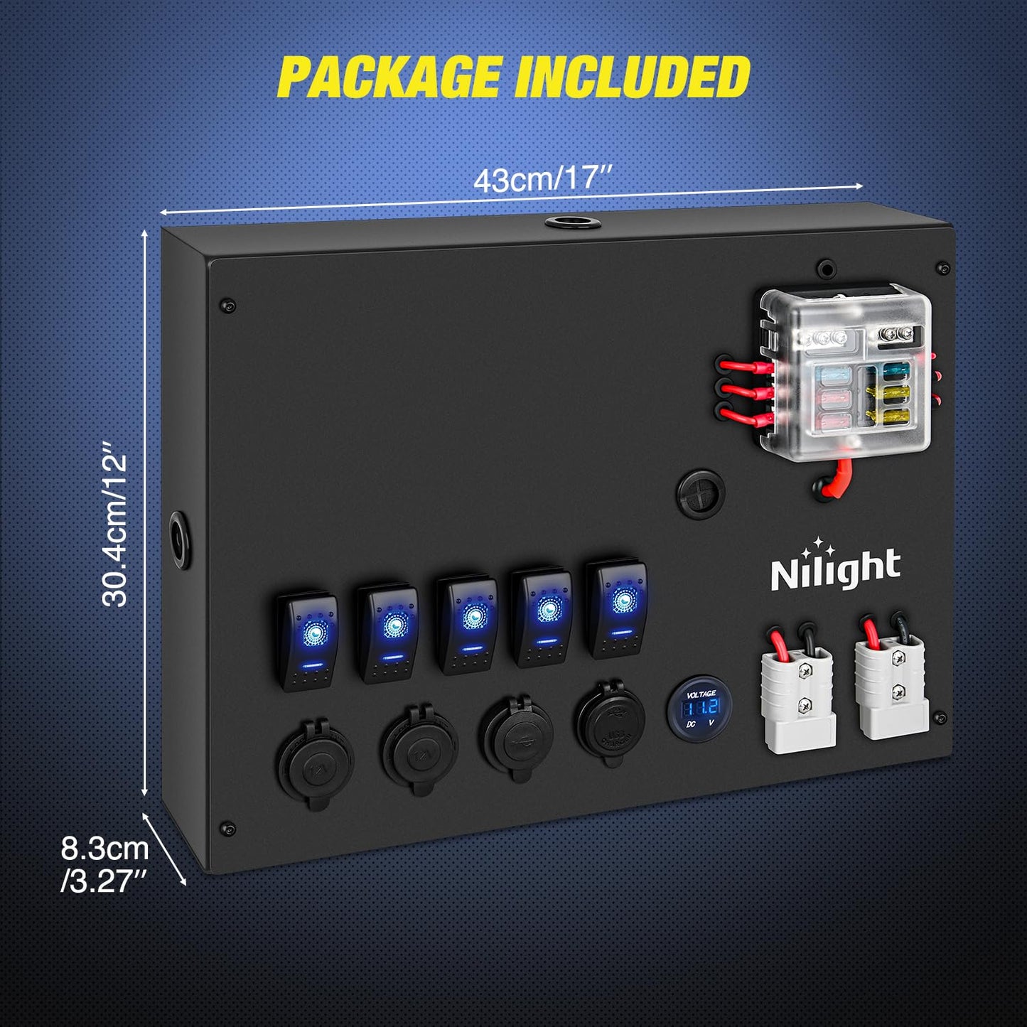 Nilight 12V/24V Camping Electrical System Centre Battery Power Control Box Fuse Block Switches Cigar Socket Voltmeter USB Charger Anderson Connector Ideal for RV Car Canopy Caravan Camper Trailer Van