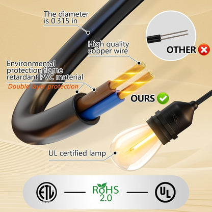 EIKOSON 100FT LED Outdoor String Lights with 60+4 Waterproof Bulbs(1.5FT Bulbs Spacing), Remote & Dimmer, Commercial Grade Patio Lights with 3 Mode Light & Timing, 100PC Ties