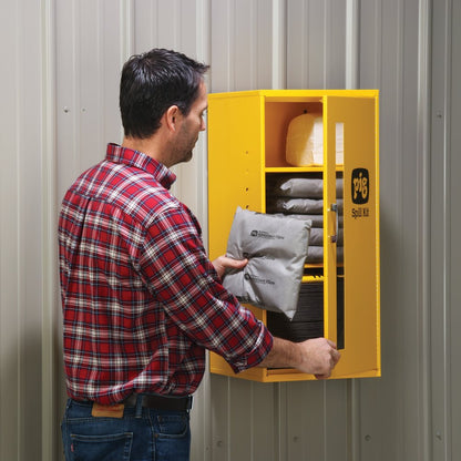 PIG Spill Kit in Small Wall Mount Cabinet | Absorbs up to 12-Gallons | Safety Yellow | KIT215