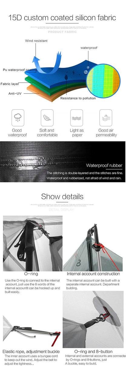 3F UL GEAR Lanshan 2 Person Tent Hiking Ultralight Camping Tent Professional 15D Silnylon Rodless Trekking Pole Tent Waterproof Backpacking Outdoor for Camping, Bivvy (2P Gray 4 Season)