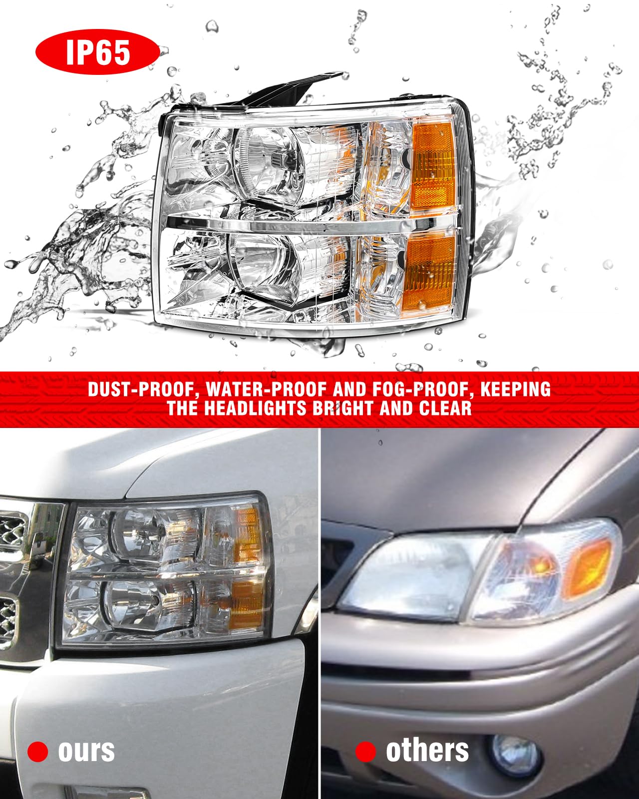 ADCARLIGHTS Headlight Assembly for 07-13 Chevy Silverado 1500/07-14 2500HD 3500HD OE Fit IP65 Waterproof 200% Brighter Halogen Headlamp Left+Right Chrome Clear（W/O Bulbs）
