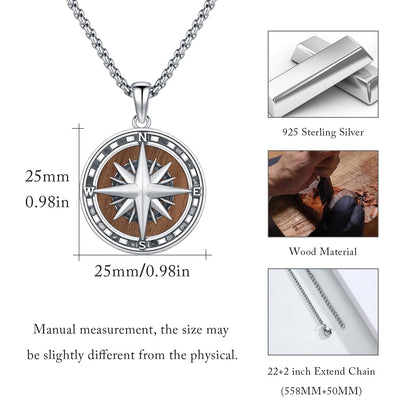 MEDWISE Compass Necklace for Men 925 Sterling Silver Compass Pendant Necklace With Ebony Graduation Inspirational Gifts Travel Jewelry Gifts for Women Men with Stainless Steel Chain