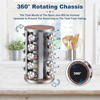 WAYDA Rotating Spice Rack Organizer, 20 Jars Revolving Seasoning Organizer for Cabinet, Stainless Steel Spice Tower for Kitchen Countertop with Reuseable Labels and Funnel