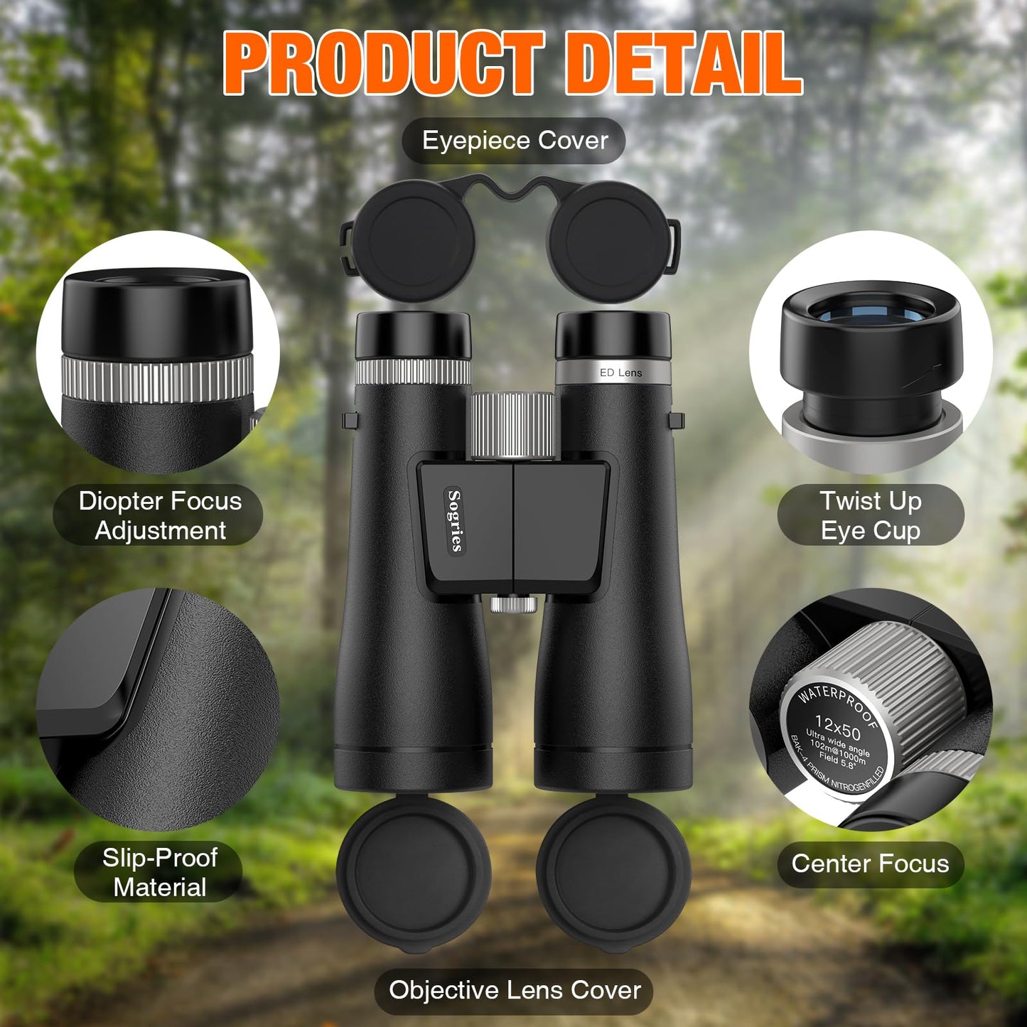 Sogries Binoculars for Adults High Powered Waterproof Compact Binoculars for Bird Watching Travel Low Light Vision Hunting Stargazing Concert Sports Long Range Birding Binocular (ED 12X50)
