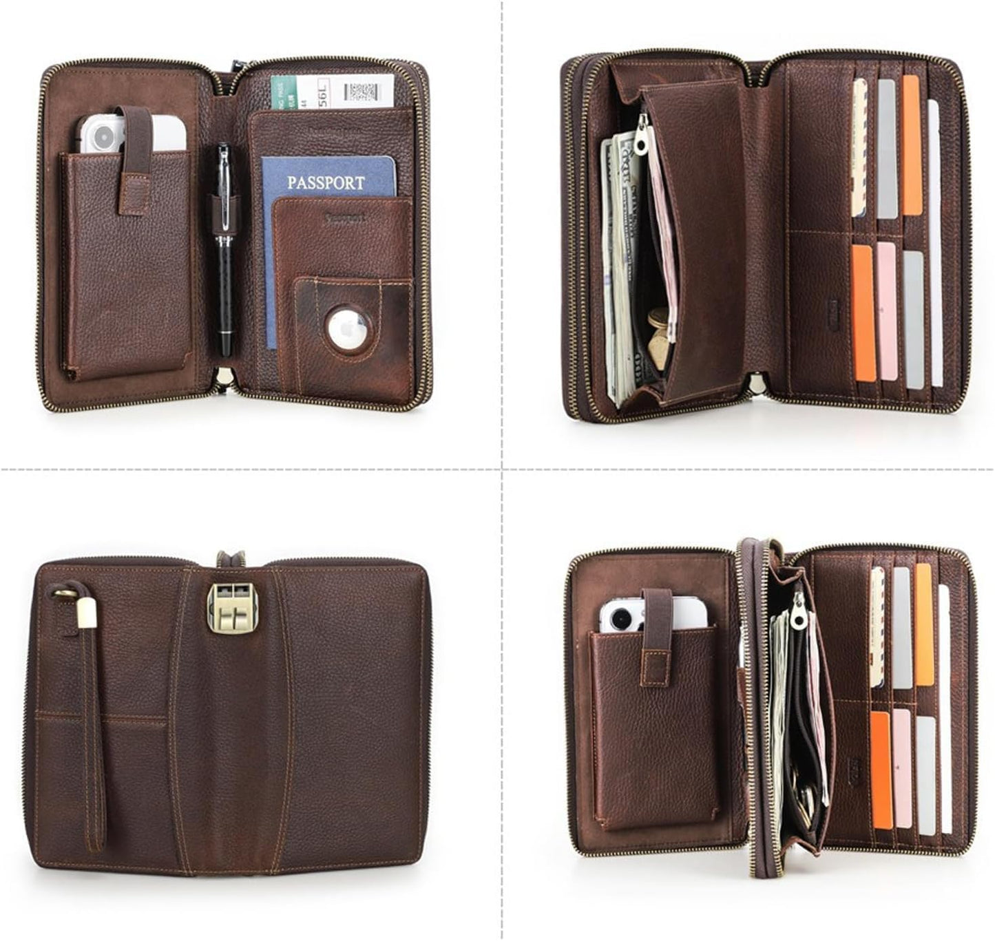 Men's Full Grain Leather Travel Passport Wallet Large Capacity Wristlet Clutch Phone Organizer Purse (Coffee)