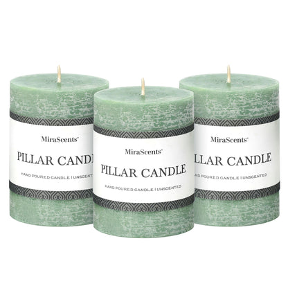 3x4 Inch Sage Green Pillar Candles - Set of 3, Unscented, Long Burning, Smokeless Dripless Candles for Spring Home Decor, Dinner Table, Bathroom, Rustic Decor