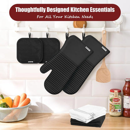 Oven Mitts and Pot Holder Sets with Silicone Grip, 500°F Heat Resistant-6 Pack Dishcloth/Dish Towels for Kitchen 100% Cotton-Value Kitchen Essentials for Cooking, Baking, Grilling-Black