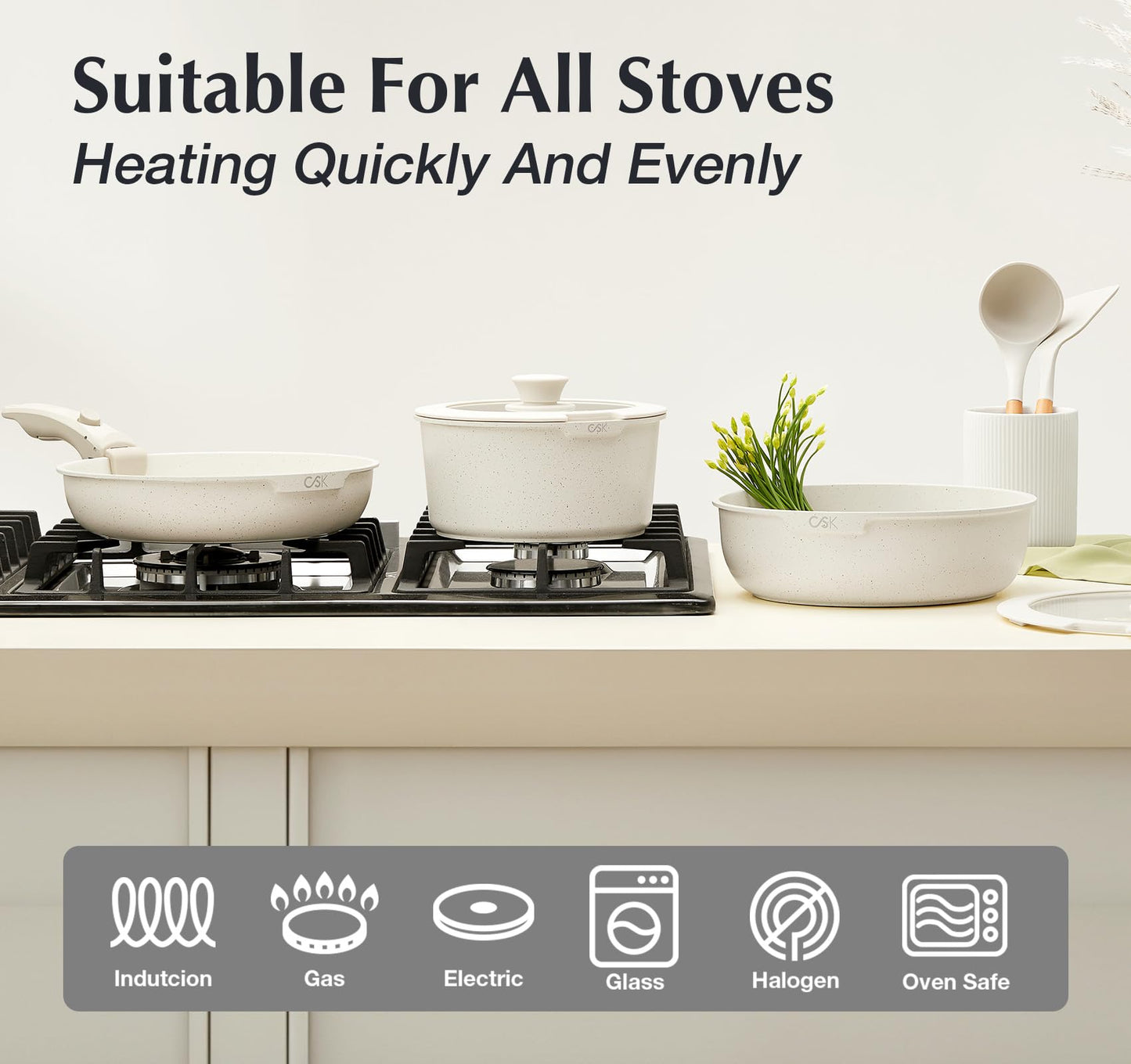 KOCH SYSTEME CS 21 Piece Pots and Pan Set Non Stick, Ceramic Cookware Set with Detachable Handle, RV Camping Stackable Kitchen Set, Pots and Pans Set Non Toxic, Induction Compatible, Oven Safe, 21PCS