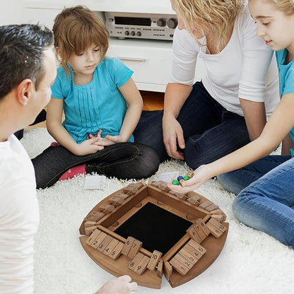 Shut The Box Game for 1-6 Players Plusvivo Large Round Wooden Board Dice Game with 14 Dice for Adults 6 Way Clever Math Game for Home Classroom or Pub