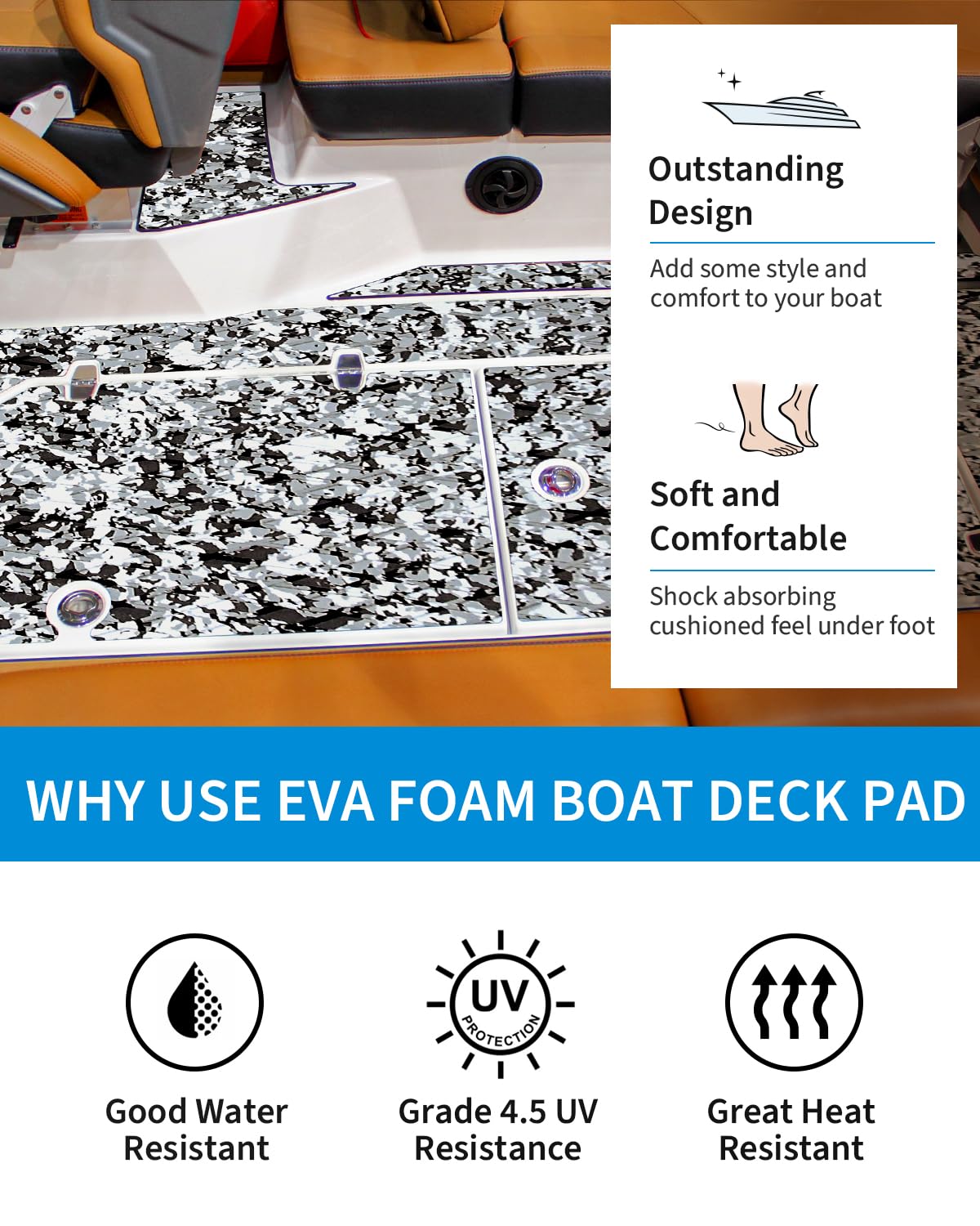 OCEANBROAD Self-Adhesive 96''x23.5''x2 Pack Camouflage Boat Flooring Non-Slip EVA Foam Sheet Marine Grip Mat for Jon Boats Surfboard SUP Paddle Board Kayak Yacht, Camo Black