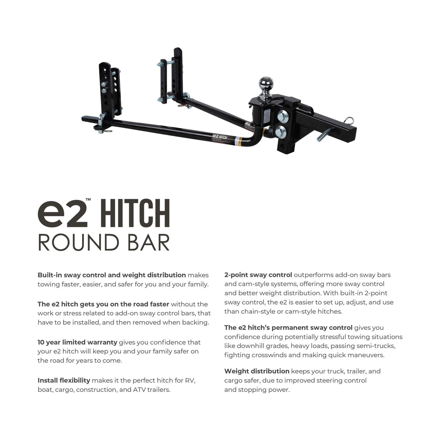 Fastway e2 2-Point Sway Control Round Bar Hitch, 94-00-0800, 8,000 Lbs Trailer Weight Rating, 800 Lbs Tongue Weight Rating, Weight Distribution Kit Includes Standard Hitch Shank, Ball NOT Included