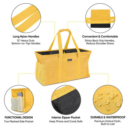 BALEINE Extra Large Utility Tote Bag with Reinforced Wire Frame, Reusable Grocery Bag for Shopping, Picnic (Yellow, 22''x12''x10'')