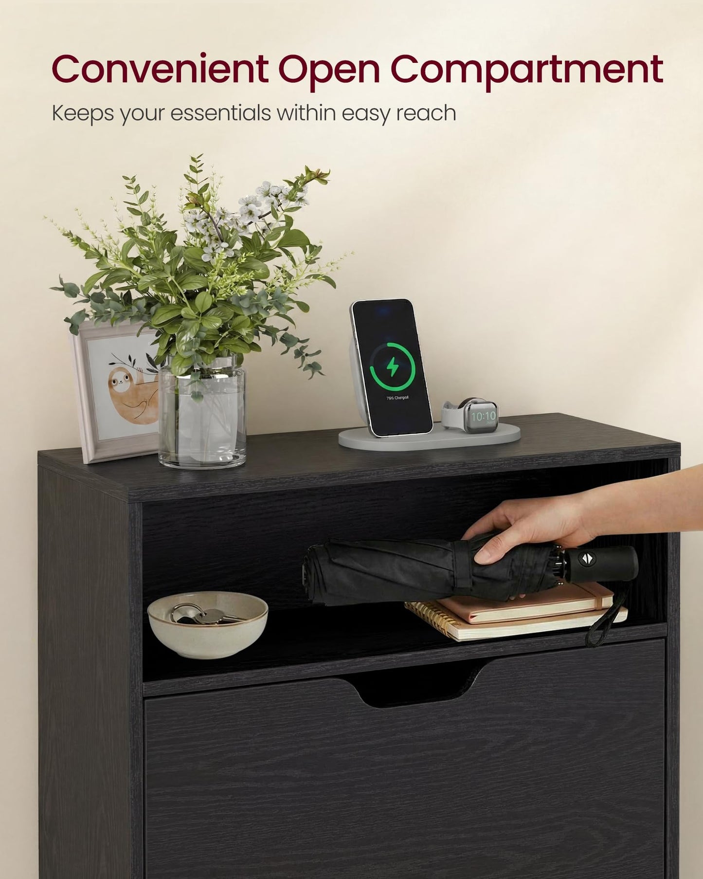 VASAGLE Custos Collection - Shoe Cabinet, Shoe Organizer, Open Compartment, Adjustable and Removable Dividers, 3 Flip Drawers, 9.4 x 31.5 x 54.5 Inches, for 21-24 Pairs, Ebony Black ULBC043BC01