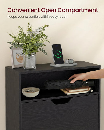 VASAGLE Custos Collection - Shoe Cabinet, Shoe Organizer, Open Compartment, Adjustable and Removable Dividers, 3 Flip Drawers, 9.4 x 31.5 x 54.5 Inches, for 21-24 Pairs, Ebony Black ULBC043BC01