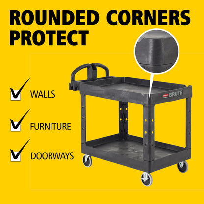 Rubbermaid Commercial Products 2-Shelf Utility/Service Cart, Medium, Black, Lipped Shelves, Ergonomic Handle, 500 Lbs Capacity, forfor Warehouse/Garage/Cleaning/Manufacturing