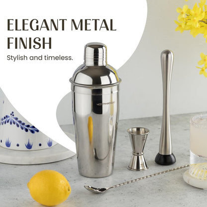 Modern Mixology 8-Piece Cocktail Shaker Set with Velvet Bag | Complete Kit for Bartenders | Includes Shaker with Strainer, Jigger, Muddler, Spoon, Pourers | Travel Bar Essentials (Silver)