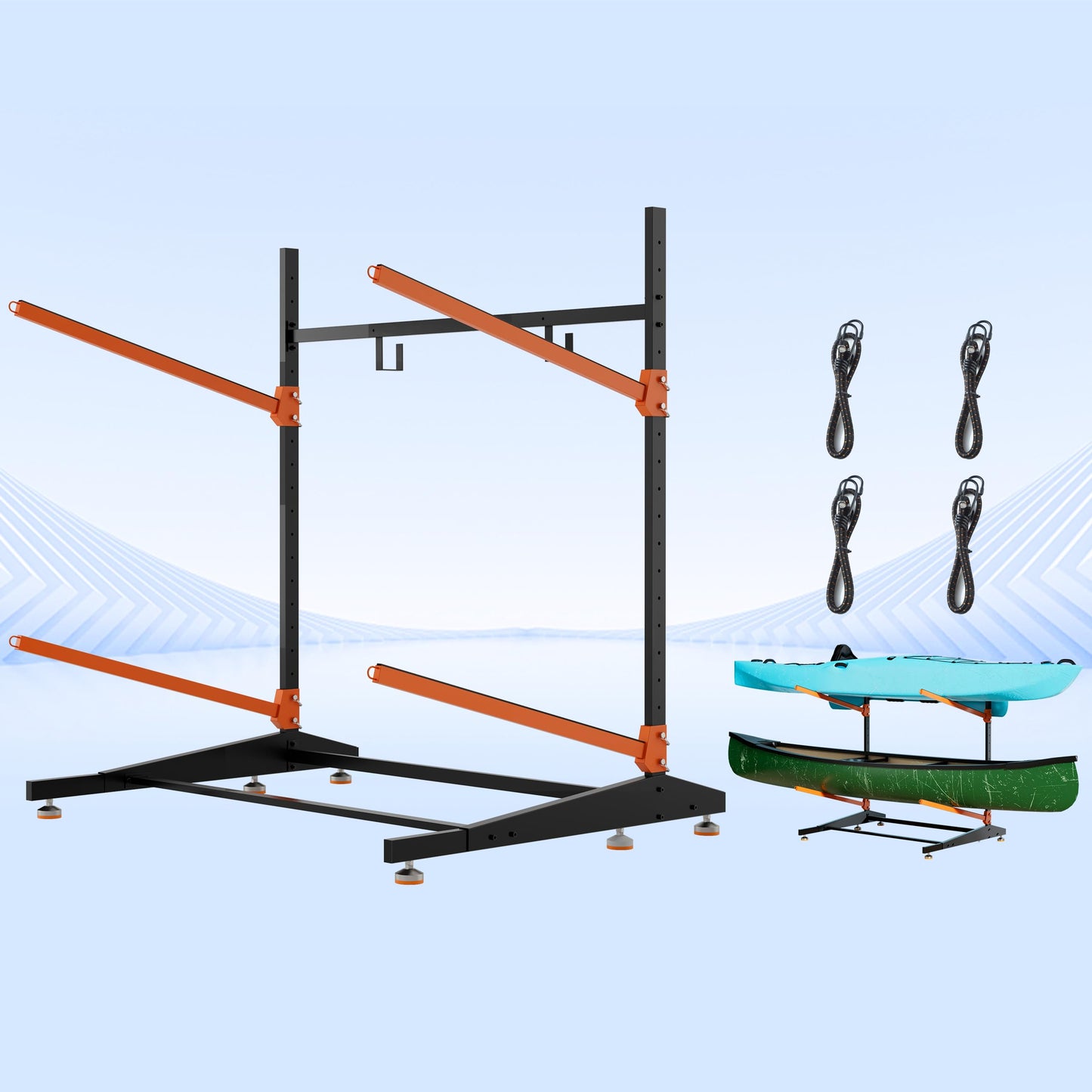 AlloyLake Freestanding Kayak Storage Rack, 2-Tier Heavy Duty Outdoor Canoe Stand for Garage & Dock, Holds 220 lbs, Rust-Proof 304 Stainless Steel Hardware (Orange)