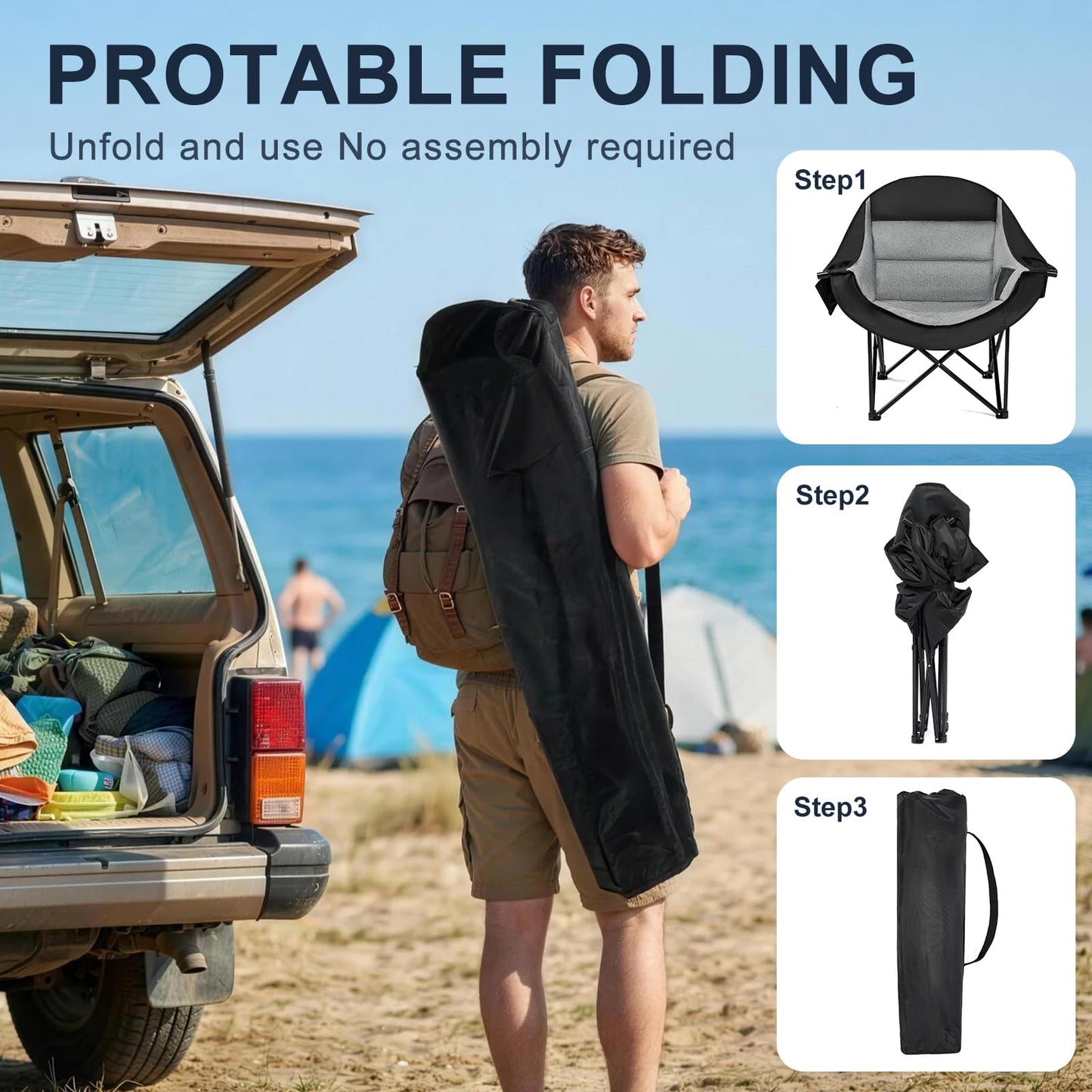Oversized Camping Chairs for Adult - Heavy Duty Padded Portable Folding Chair XL Collapsible Camp Chair with Cup Holder Side Pocket for Outdoor Lawn Beach Sport Fishing Support 500LBS, Grey
