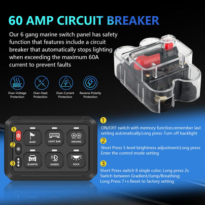 Chelhead 6 Gang Bluetooth Switch Panel Boat Switch Panel with Circuit Breaker IP 65 Waterproof Constant Momentary Flash Strobe Compatible with RV Truck UTV SUV ATV Bus Boat Jeep