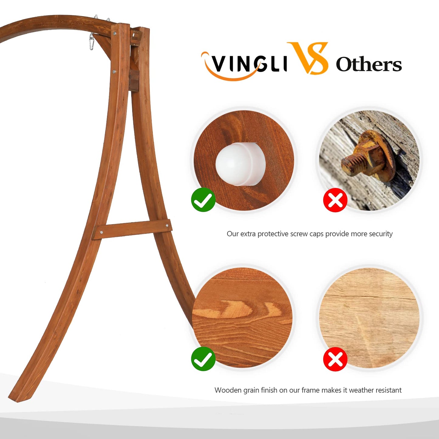 VINGLI 6.7FT Porch Swing Frame, 1000LBS Heavy Duty A-Frame Wooden Porch Swing Stand with Curved Arc Top for 5FT Porch Swing, Large Swing Hanger for Garden, Patio, Backyard & Indoor, Brown